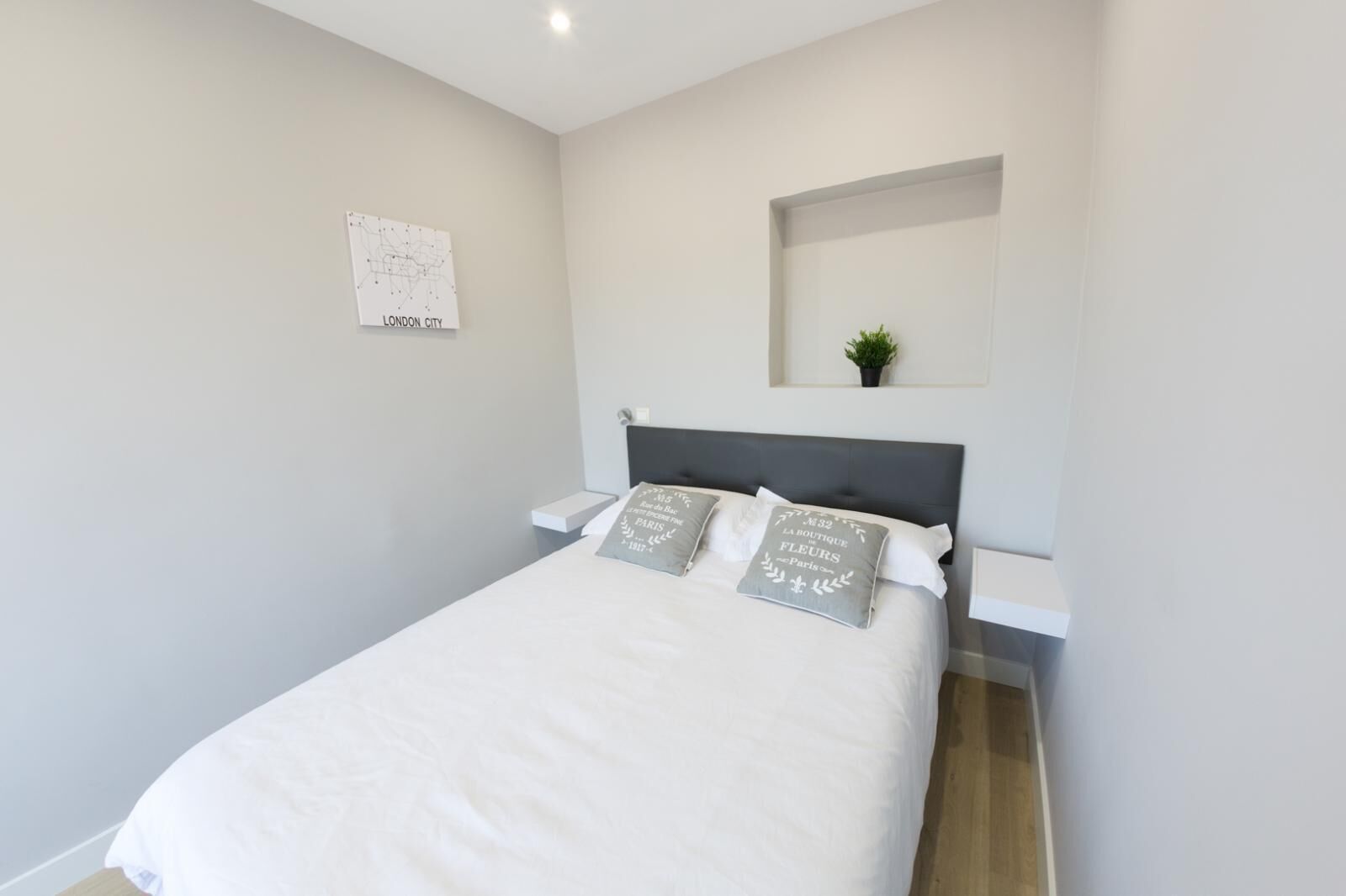 A minimalist bedroom with a bed, two pillows, a nightstand, a wall map, and a small plant.