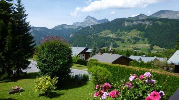 Paesaggio montuoso con case e un giardino curato ricco di fiori.