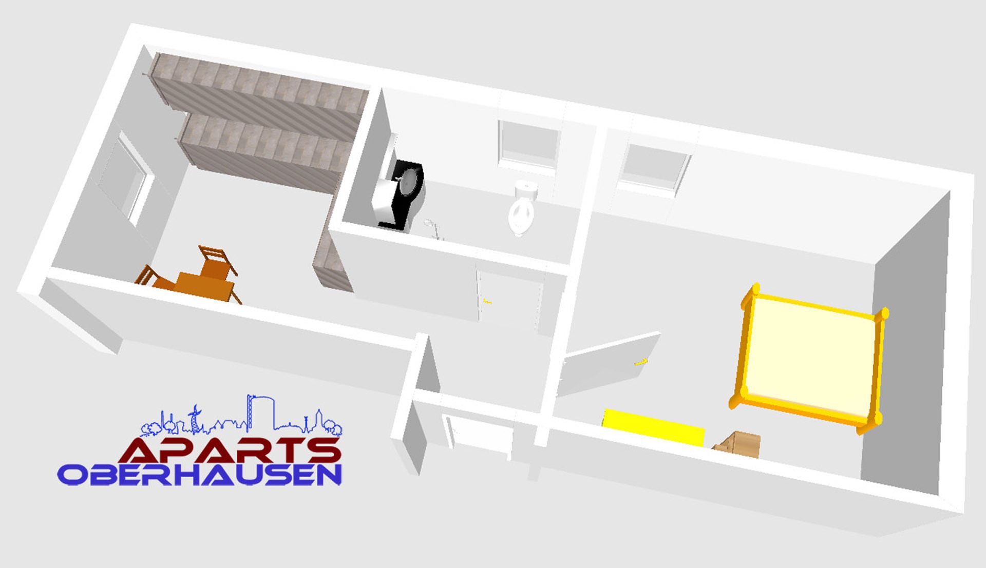 A 3D floor plan of a hotel with a kitchen, a dining area, a bathroom, and a living room.