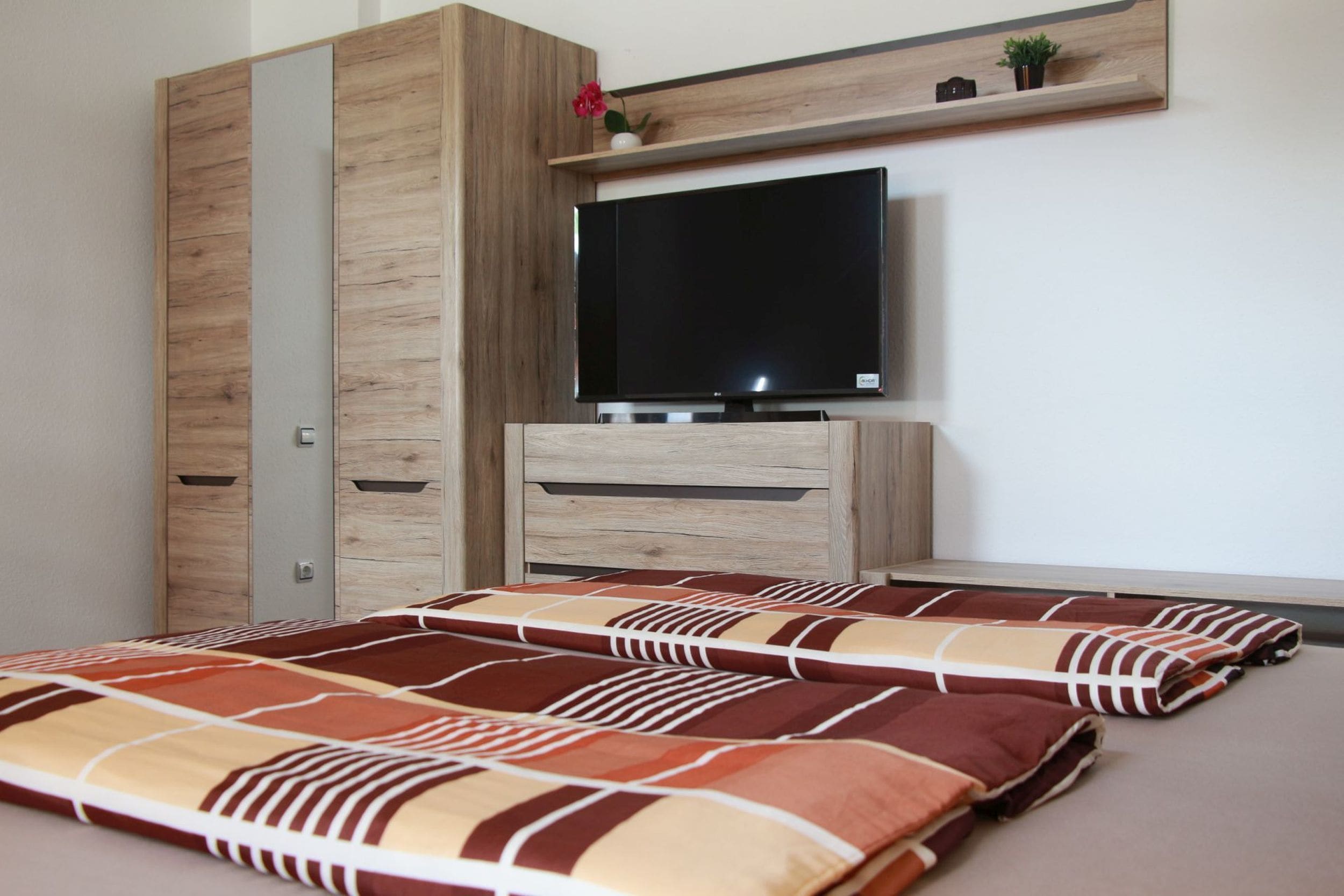 A bedroom with a bed, a TV, wooden wardrobe, and a shelf with a plant.