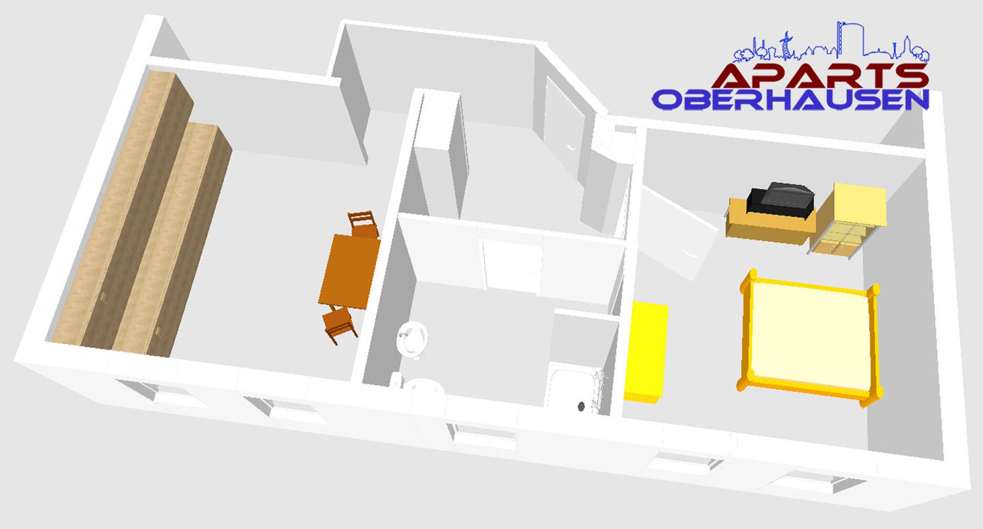 Un plan d’étage en 3D d’un hôtel comprenant une cuisine, un coin repas et deux chambres.