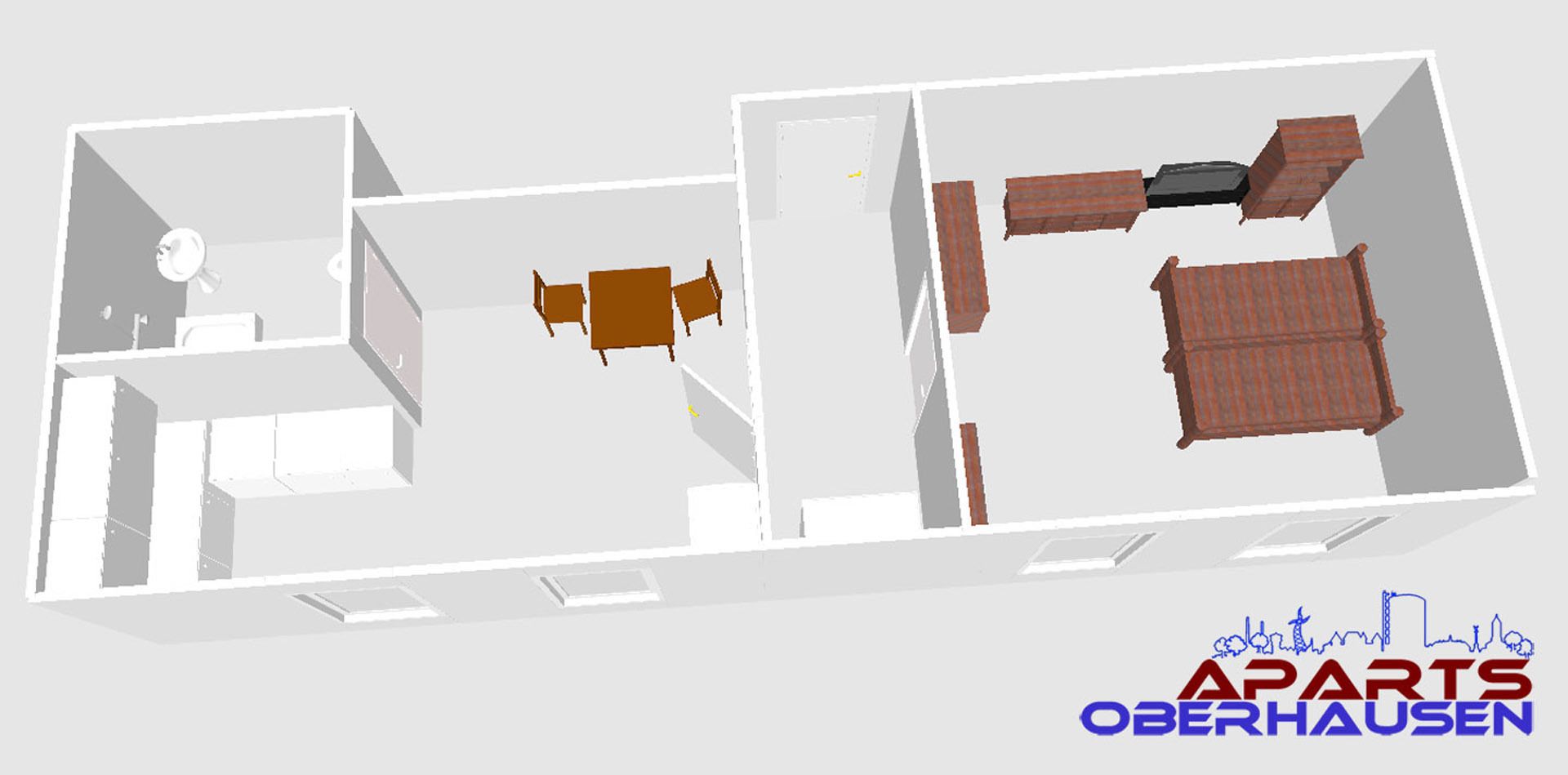 A 3D floor plan of a two-story apartment with a living room, dining area, kitchen, and two bedrooms.