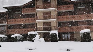 Un immeuble à plusieurs étages doté de balcons, entouré d’arbres couverts de neige.