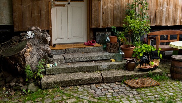 A rustic wooden door, a set of stone steps, a bench, and potted plants.