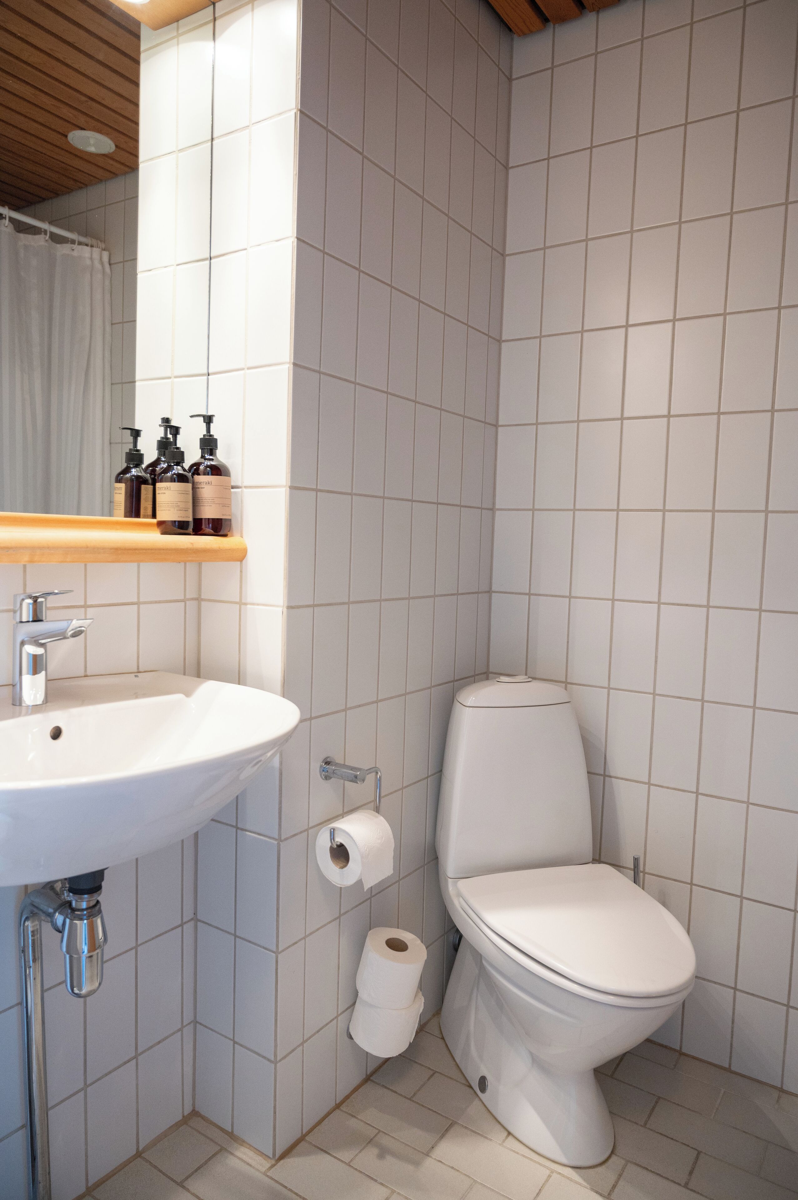 A bathroom with a white sink, a toilet, and a shelf with toiletries.