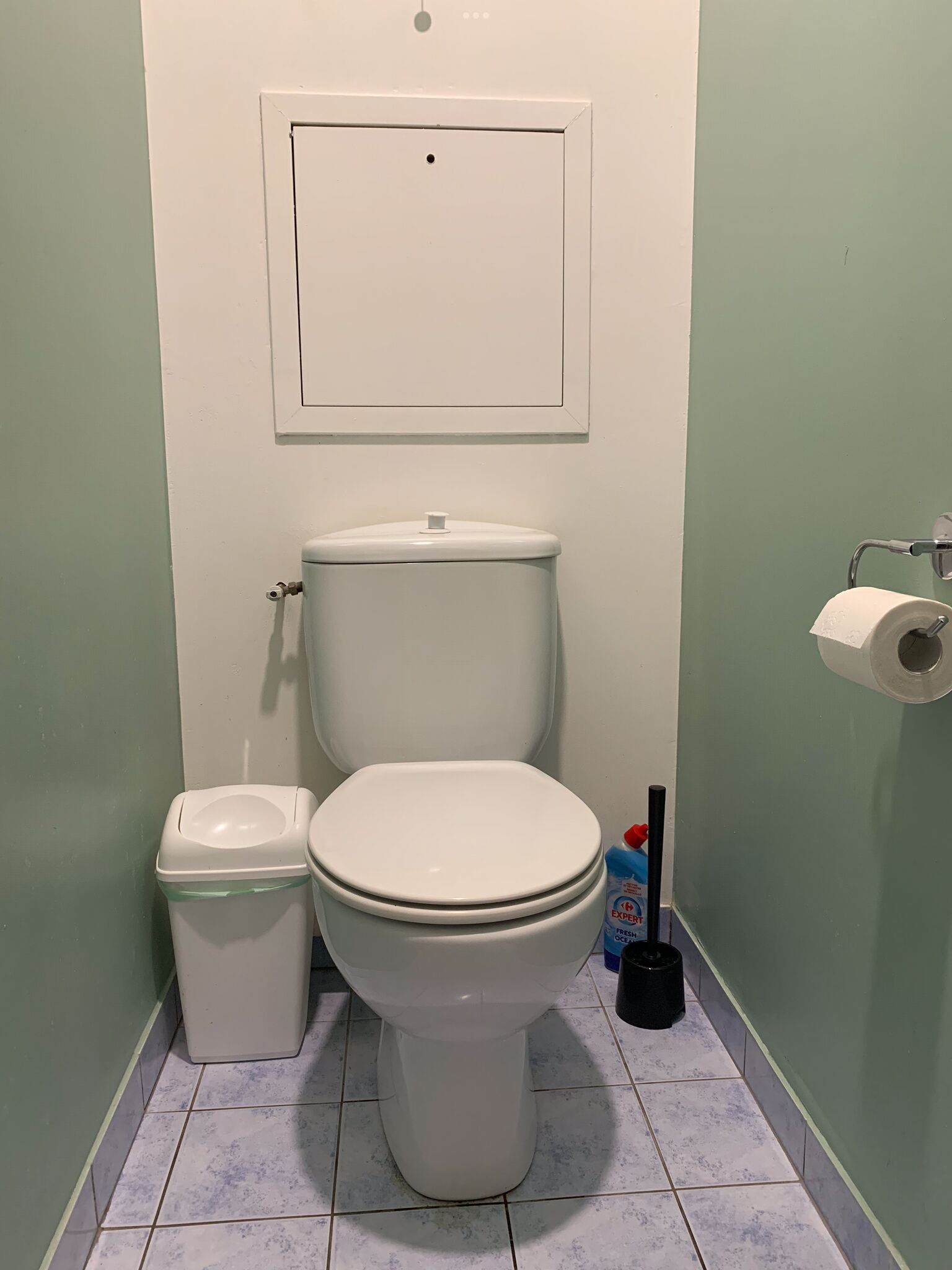 A bathroom with a toilet, a trash bin, and a toilet paper holder.