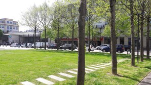 Une zone herbeuse avec des arbres et un passage piéton.
