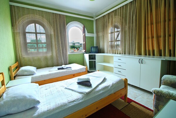 A room with two single beds, a TV on a stand, and a window with curtains.