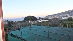 A view of a residential area with a green-roofed building, a tree, and a distant mountain. - SOGGIORNISORRENTO (Sorrento)
