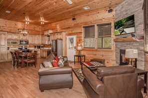 Televisie, een open haard, videospelletjes en een dvd-speler