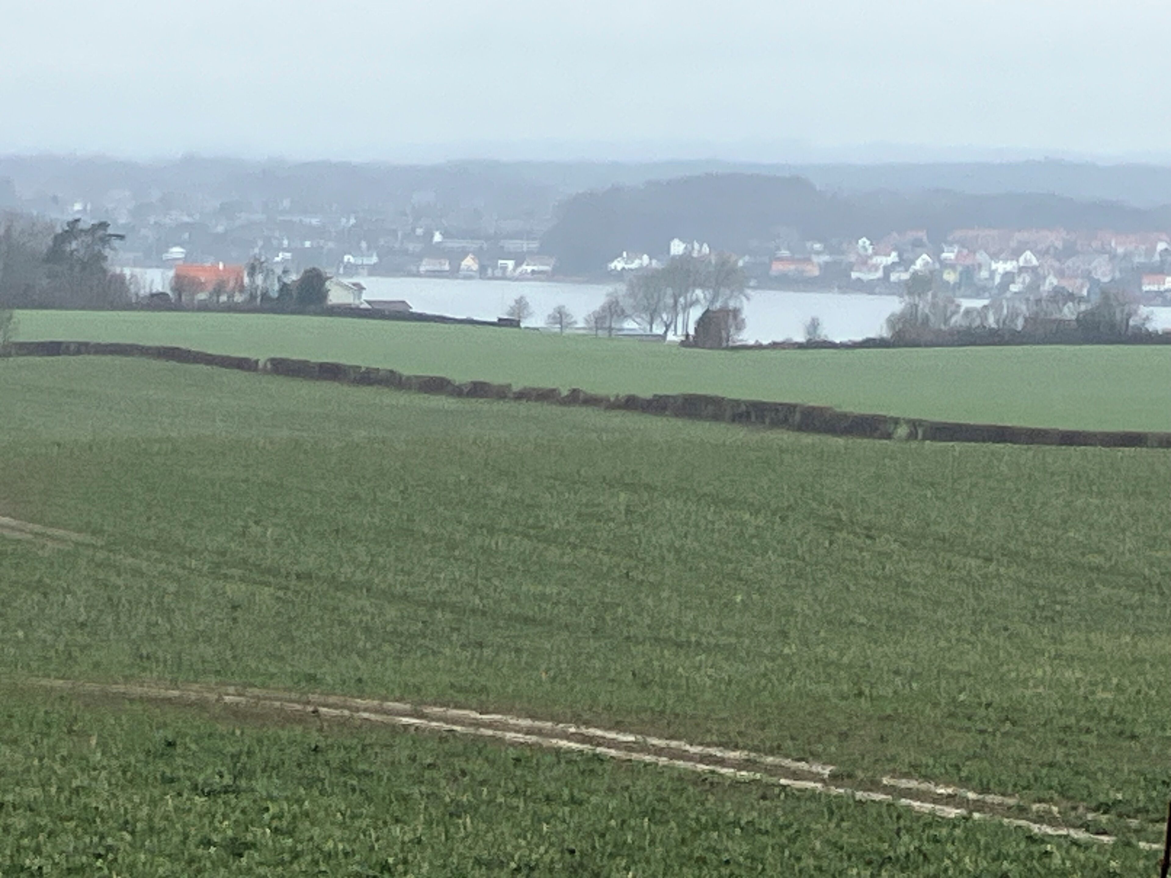 Paisaje rural con campos, un cuerpo de agua y edificios a lo lejos.