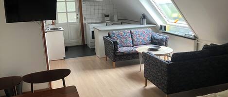 A compact living space with a kitchenette, a sofa, a dining table, and a TV.