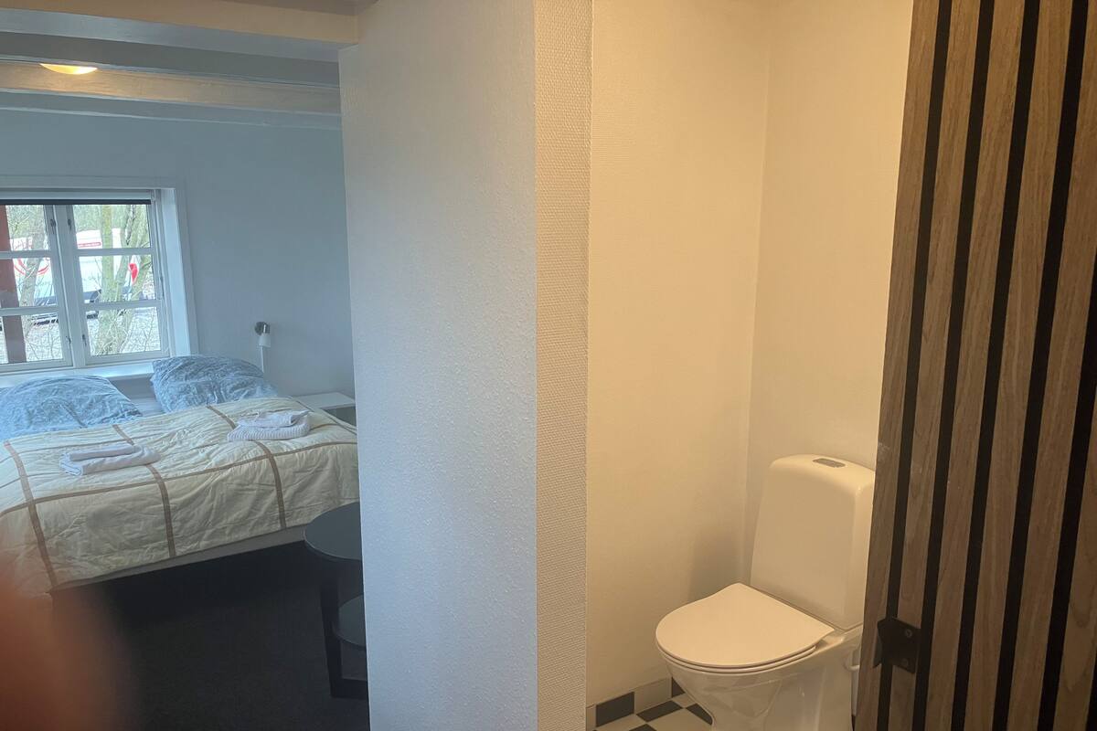 A bedroom with a bed, a window, and a bathroom with a toilet.