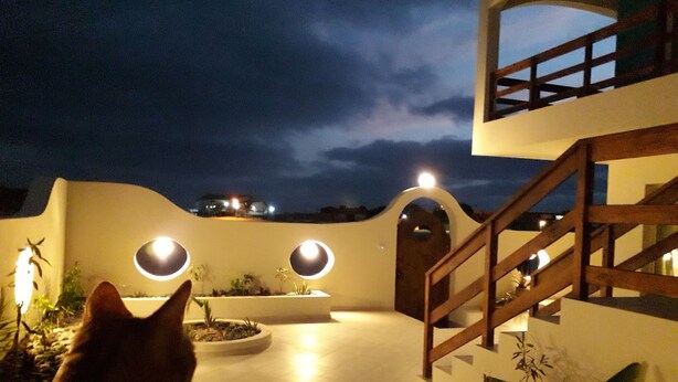 A nighttime view of a building's exterior with a staircase and circular light fixtures. - B&B Sereia Azul (Boa Vista)
