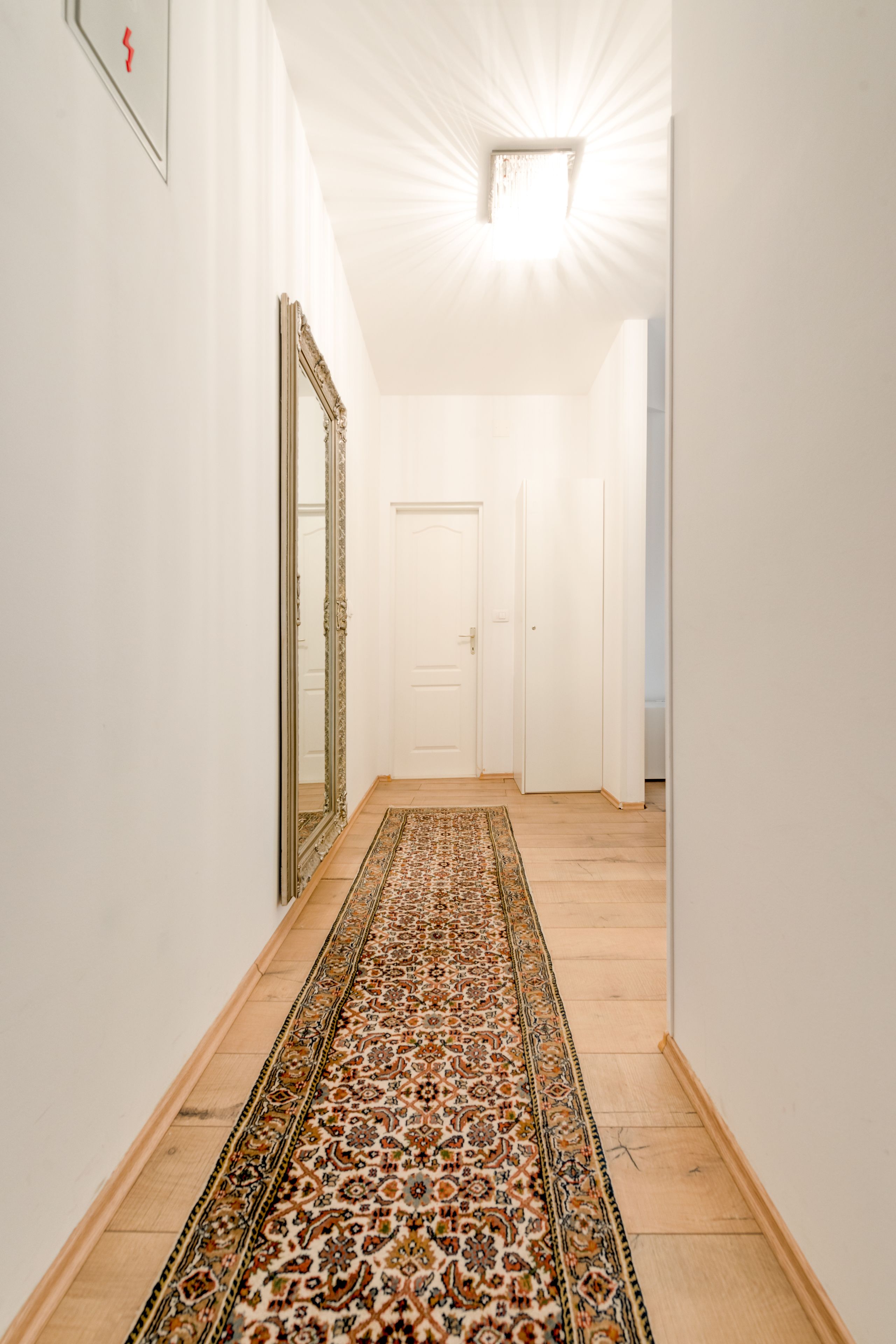 Un pasillo con alfombra estampada, un espejo grande y una puerta al final.