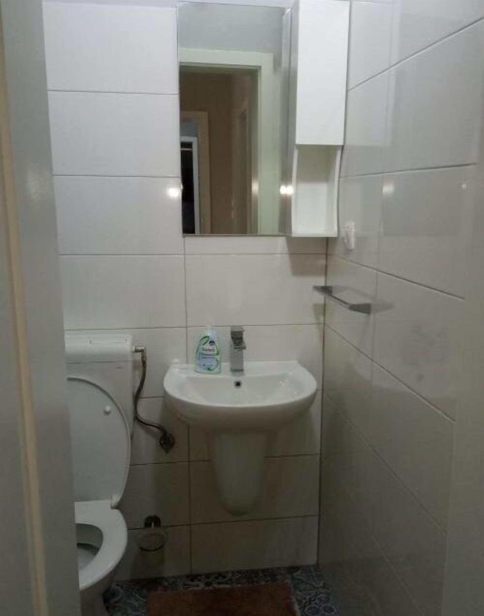 A small bathroom with a toilet, a sink, and a mirror above the sink.