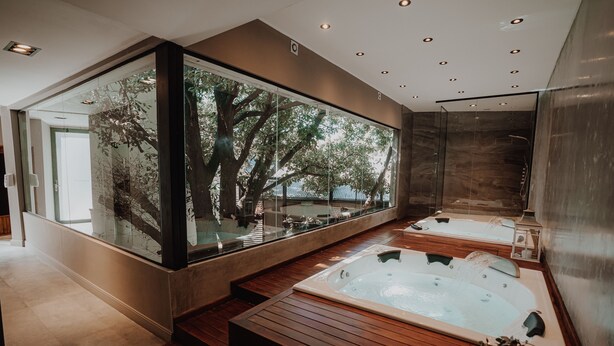 Un baño moderno con dos jacuzzis, un cerramiento de vidrio con vista a árboles y suelo de madera.