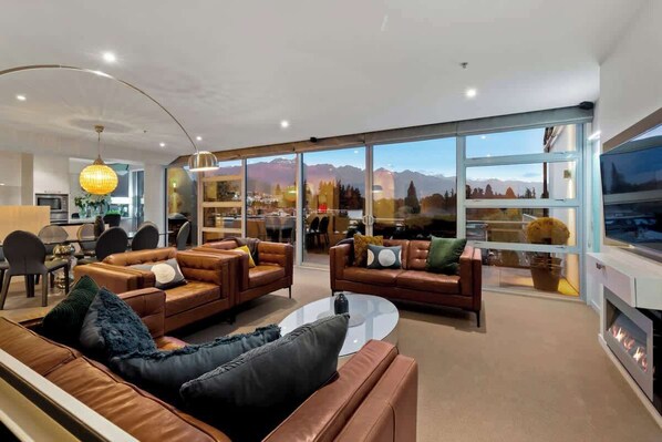 TV, fireplace, DVD player, books