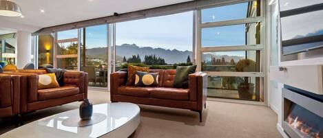 Télévision, cheminée, lecteur de DVD, chaîne hi-fi