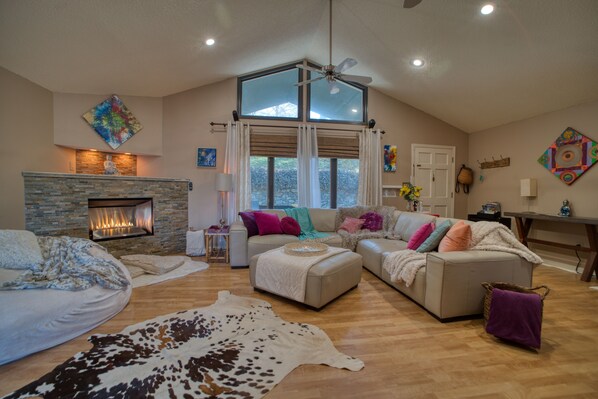 Smart TV, chimenea, reproductor de DVD y libros 