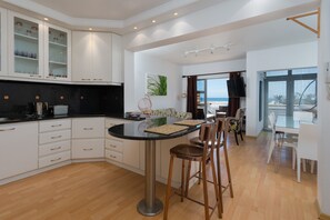 Fridge, microwave, dishwasher, electric kettle