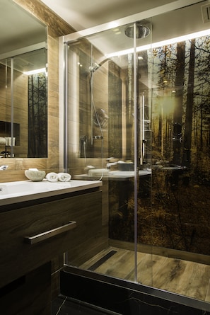 Shower, rainfall showerhead, hair dryer, bathrobes - Hotel Termas Chillán (Pinto)