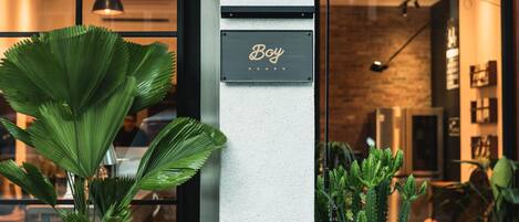 A modern interior with a 'Boy' sign on a wall, potted plants, and a brick wall in the background.