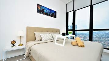 3 bedrooms, desk, blackout drapes, iron/ironing board