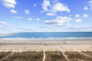 A beach with a clear sky, sandy shore, and a few people.