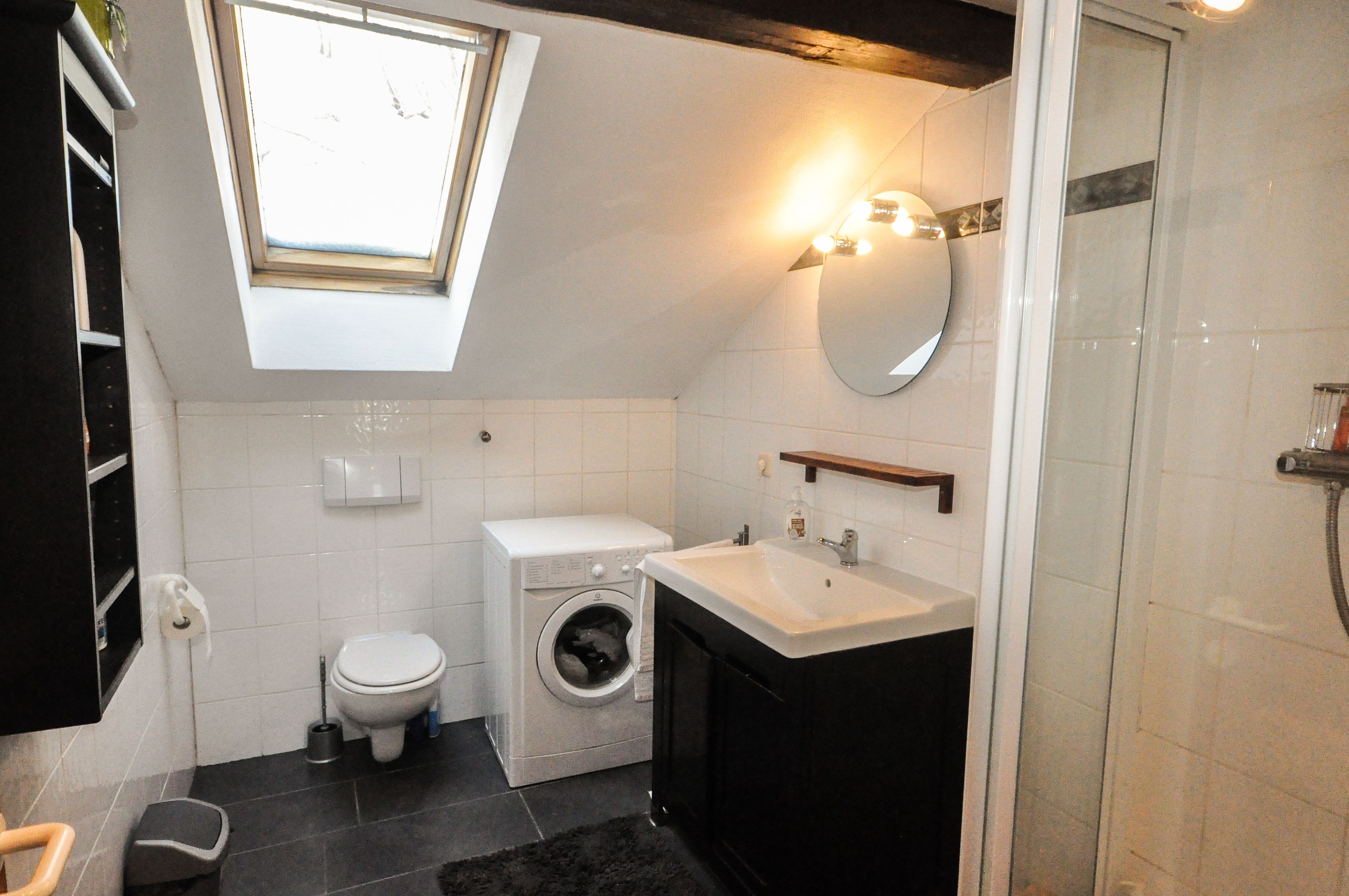 A compact bathroom with a skylight, a washing machine, a toilet, and a sink.