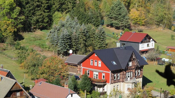 A residential area with houses featuring traditional architecture, surrounded by dense forest and greenery. - Haus Sonnenwalde - Familie Ruhe (Rohrbach)