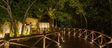 Un puente de madera con barandillas, rodeado de árboles e iluminado por luces.
