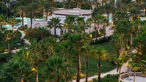 Un complejo turístico con varias construcciones, una zona de piscina y palmeras.