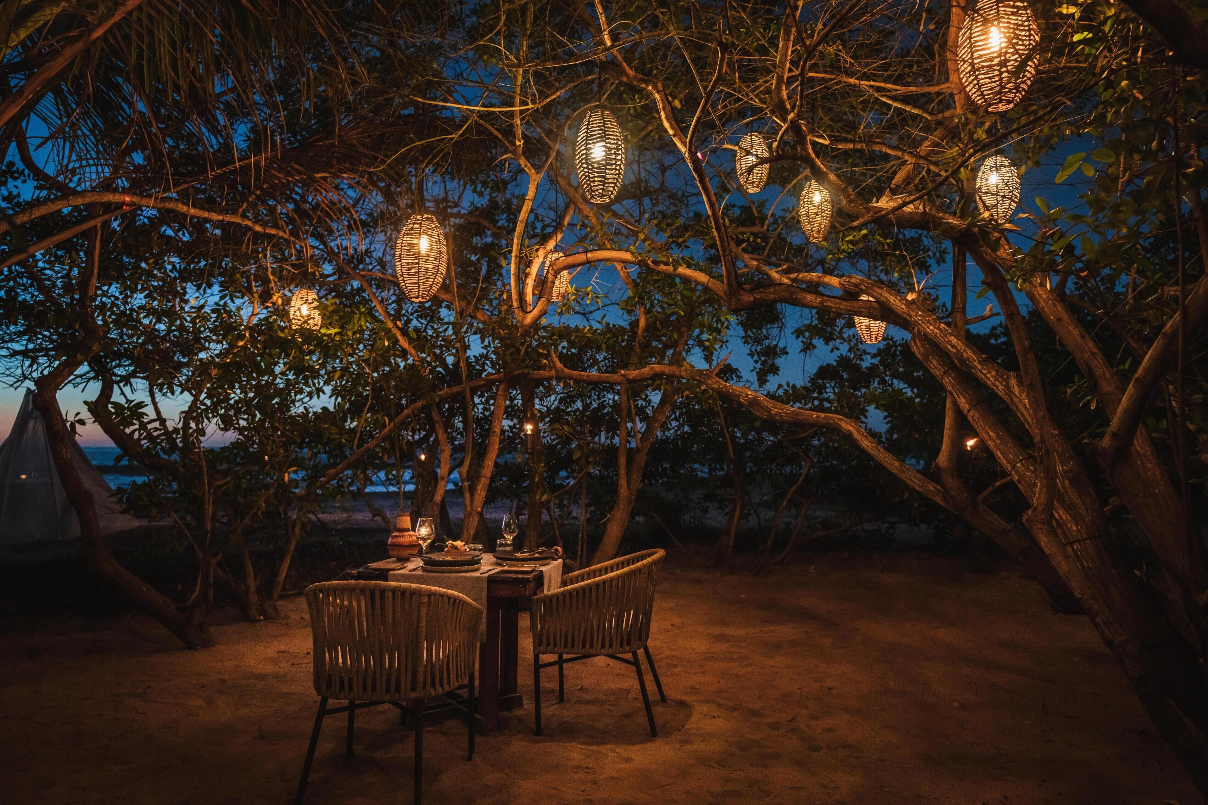 An outdoor dining area with a table and chairs under a tree, surrounded by hanging lanterns.