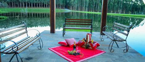 A gazebo with two benches, a picnic setup with a blanket, and a view of a lake and forest.