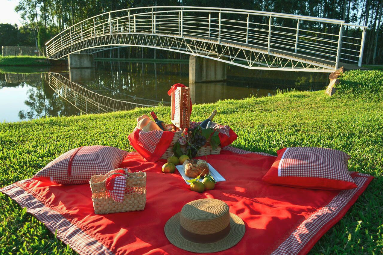 A picnic setup with a red blanket, basket, and picnic basket on grass near a bridge over water.