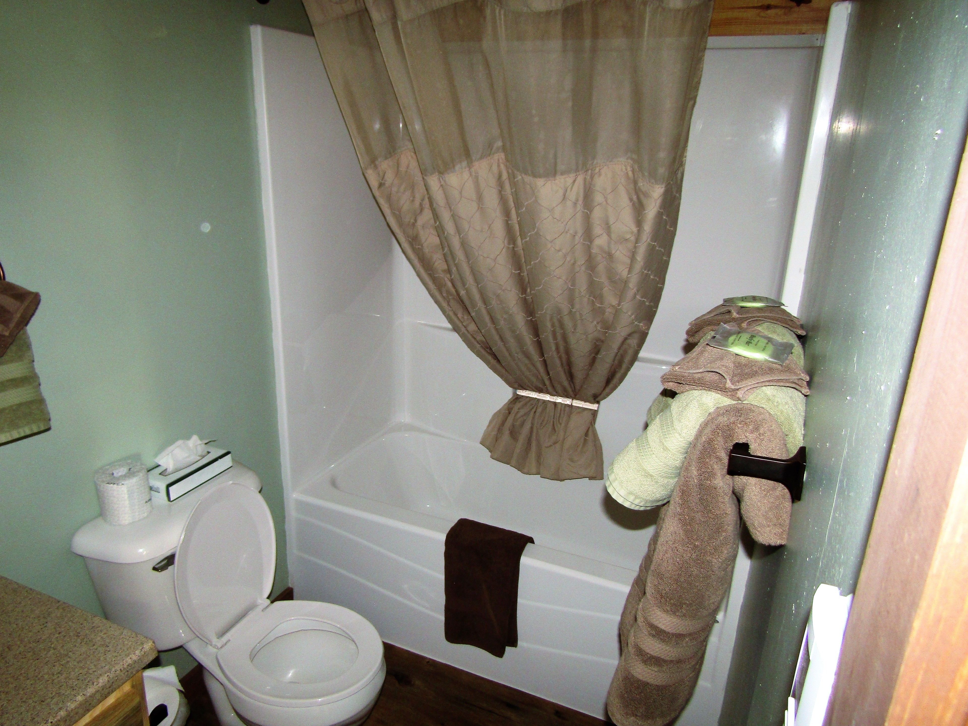 A bathroom with a toilet, a bathtub, and a shower curtain.