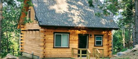 A small log cabin with a porch and two windows, surrounded by trees and a gravel path.
