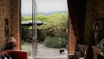 Cheminée, livres, médiathèque, chaîne hi-fi