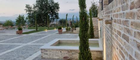 Un patio con suelo de piedra, una fuente rectangular y un árbol alto y esbelto.