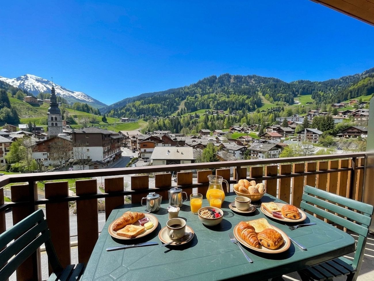 A balcony with breakfast items, a view of a village, and a mountain in the background.