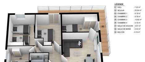 A floor plan of a hotel with labeled rooms and their sizes.