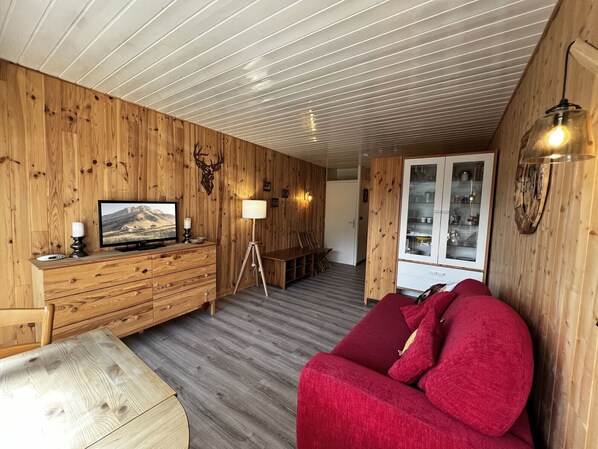 A cozy wooden interior with a television, a lamp, a red sofa, and a dining area. - AIGUILLE VERTE 28 - Studio with mountain views, close to the aquatic area (La Clusaz)