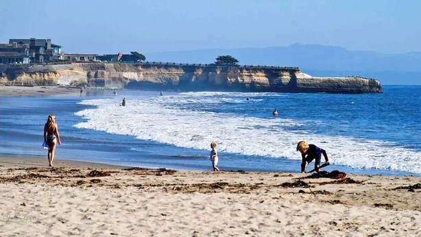 A beach with people walking and playing, cliffs in the background, and a clear sky. - 8th Avenue Beach Cottage (Santa Cruz)
