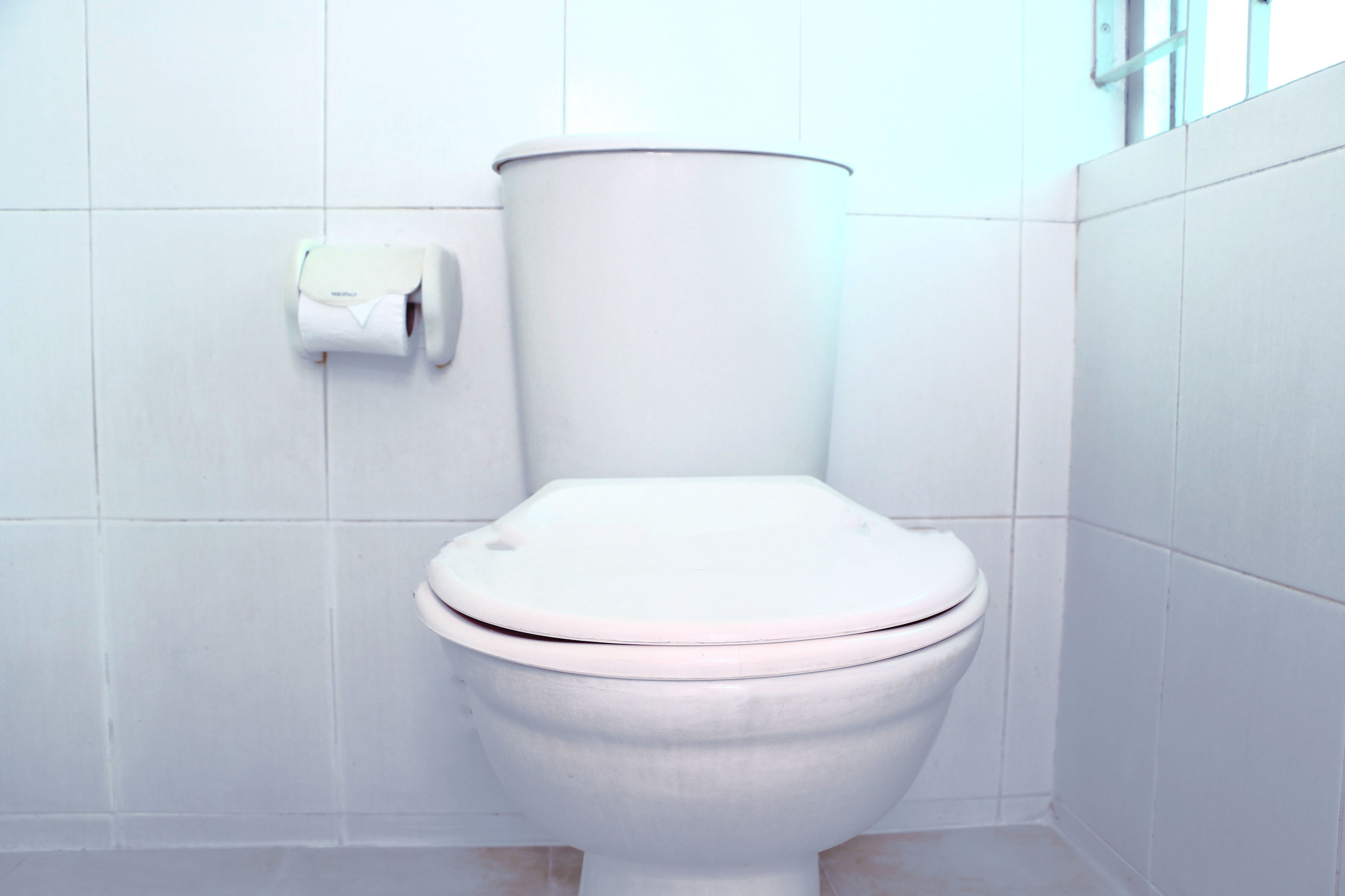 A white toilet with a flush handle and a toilet paper holder on the wall.
