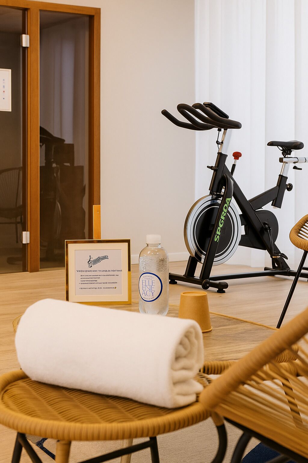 Una habitación con una silla de mimbre, una toalla, un certificado enmarcado, una botella y una bicicleta estática.