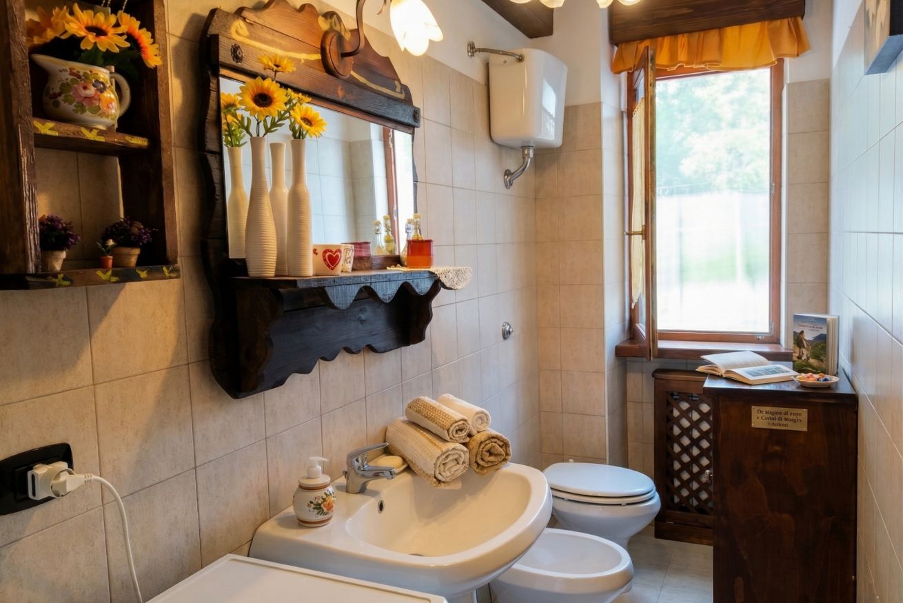 A bathroom with a sink, mirror, toilet, and a window with a view.