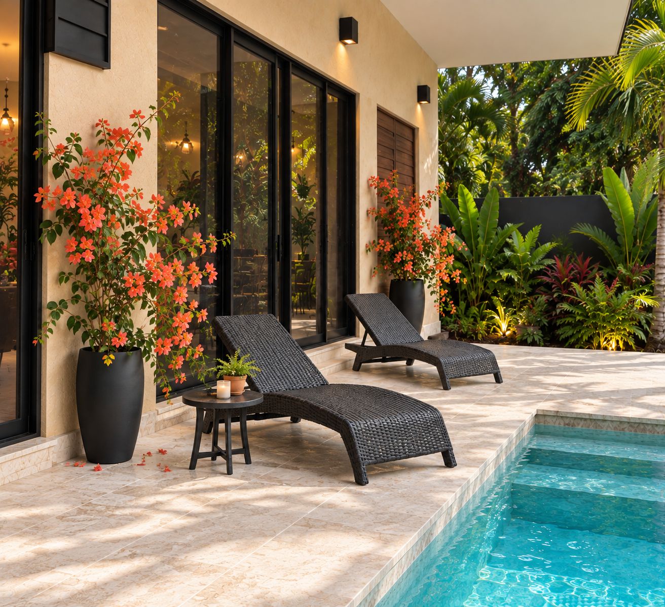A poolside area with two lounge chairs, a small table, and potted plants.