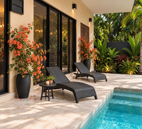 A poolside area with two lounge chairs, a small table, and potted plants.
