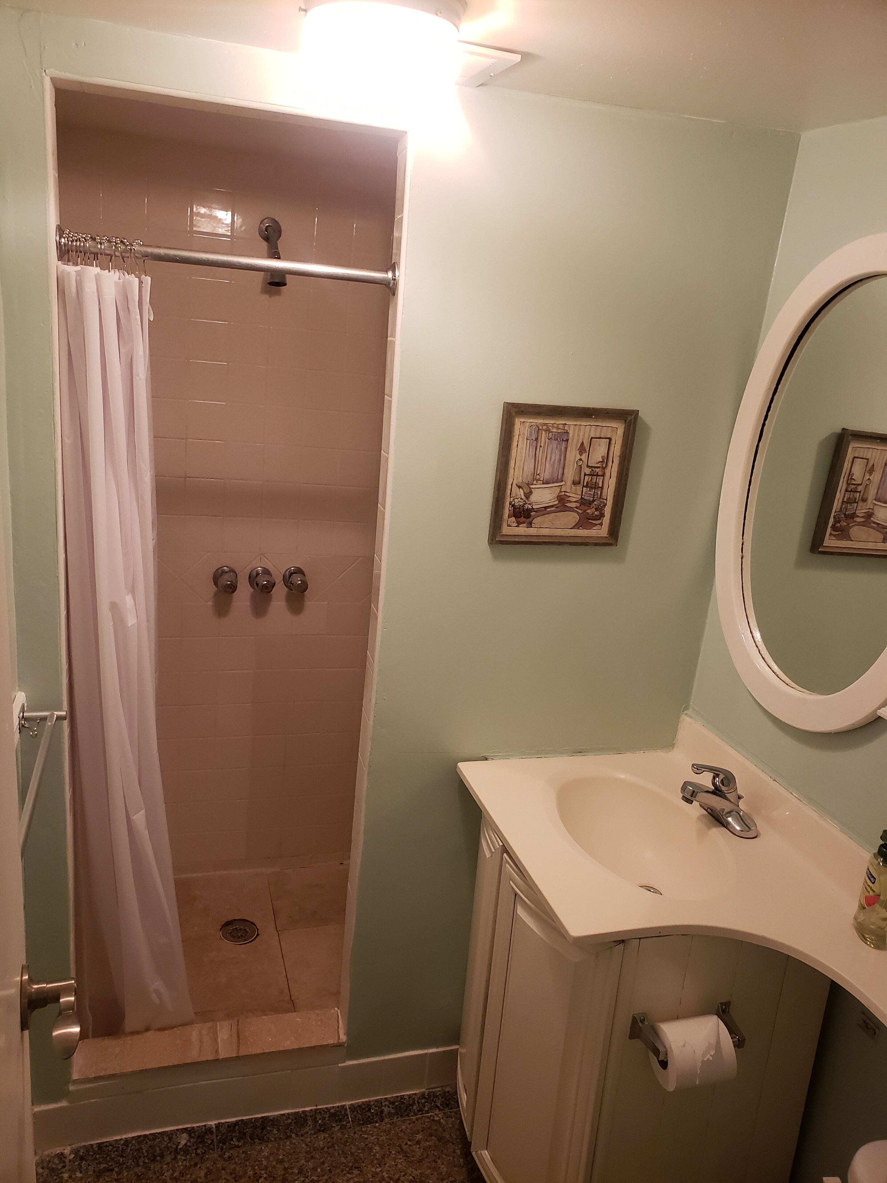 Shower, hair dryer, towels, shampoo